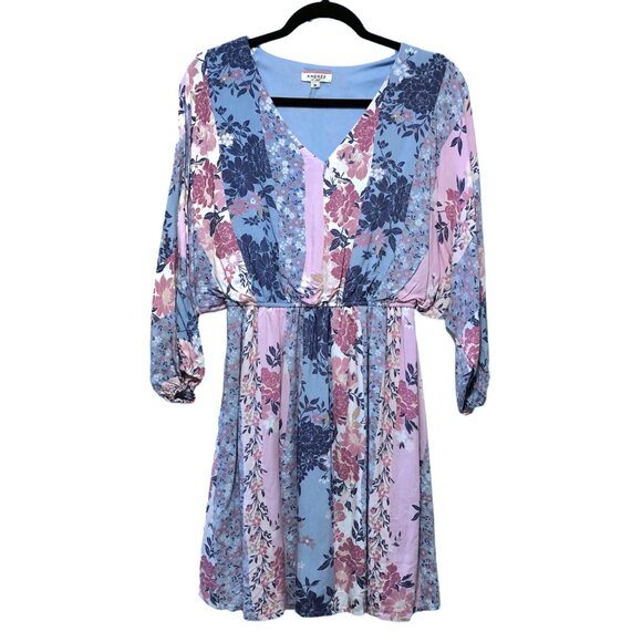 Andree By Unit Blue Pink Floral V-neck Dolman Sleeve Elastic Waist Dress M - Picture 1 of 9